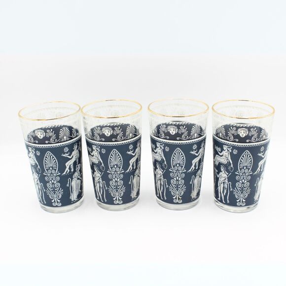 Vintage Set of 4 Jeannette Highball Glasses Corinthian Blue Greek Style Design - Picture 3 of 6